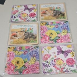 Floral and Butterfly Coasters Set Cat & Dog 6 Piece NEW plastic Over